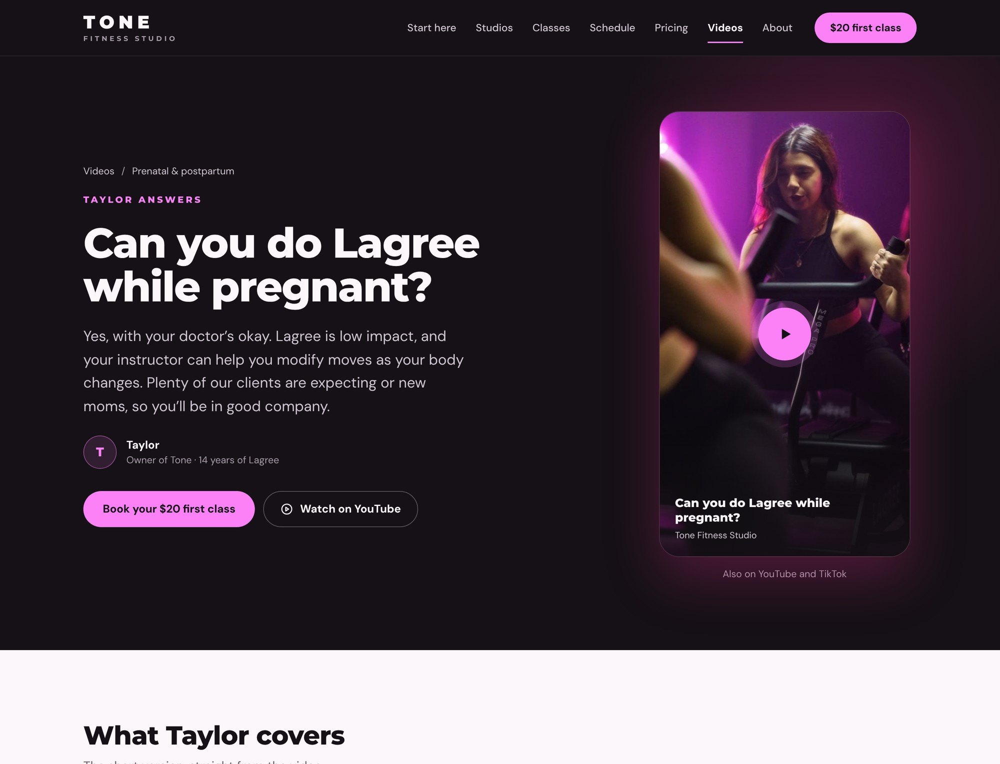Desktop mockup of a Tone video page answering “Can you do Lagree while pregnant?”, with the video beside the question and a $20 first class button